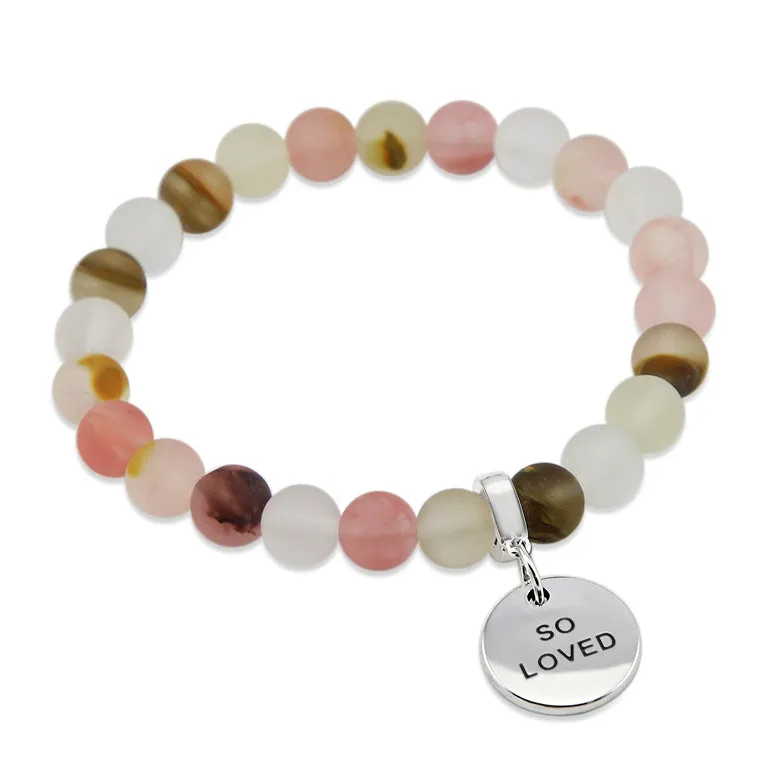 Stone Bracelet - Frosted Watermelon & Tigerskin 8mm Beads - With Silver Word Charms