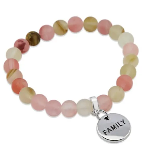 Stone Bracelet - Frosted Watermelon & Tigerskin 8mm Beads - With Silver Word Charms