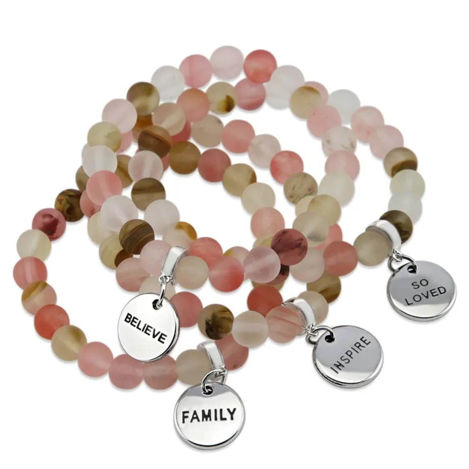 Stone Bracelet - Frosted Watermelon & Tigerskin 8mm Beads - With Silver Word Charms