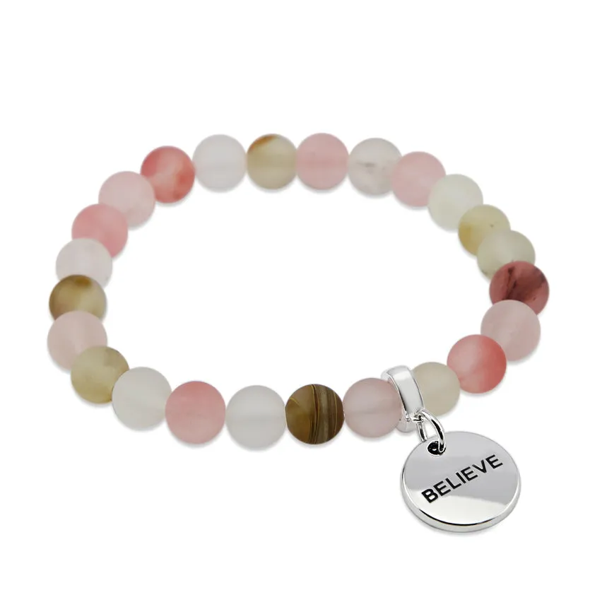 Stone Bracelet - Frosted Watermelon & Tigerskin 8mm Beads - With Silver Word Charms