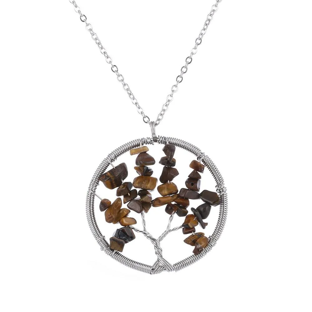 The Tree of Life Healing Natural Gemstone Pendant Necklace -Tiger Eye