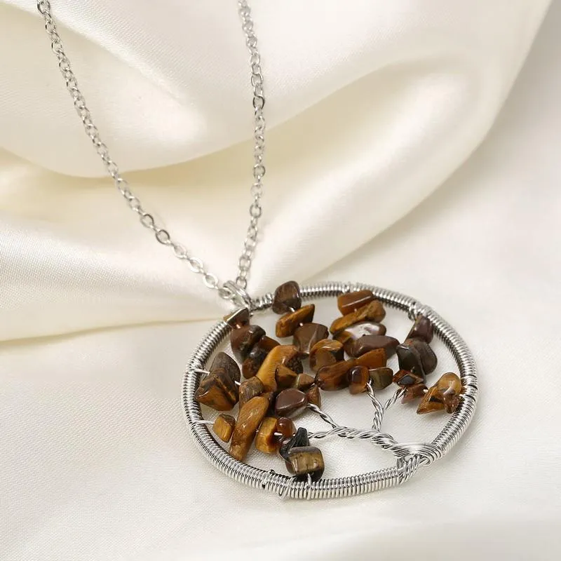 The Tree of Life Healing Natural Gemstone Pendant Necklace -Tiger Eye