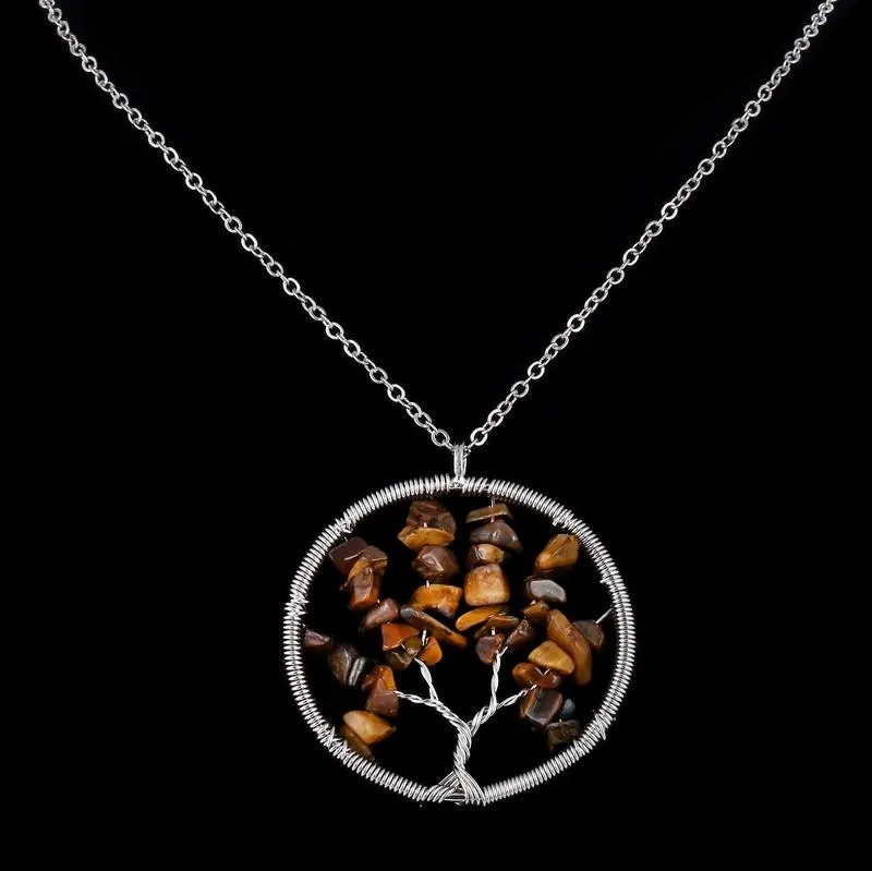 The Tree of Life Healing Natural Gemstone Pendant Necklace -Tiger Eye