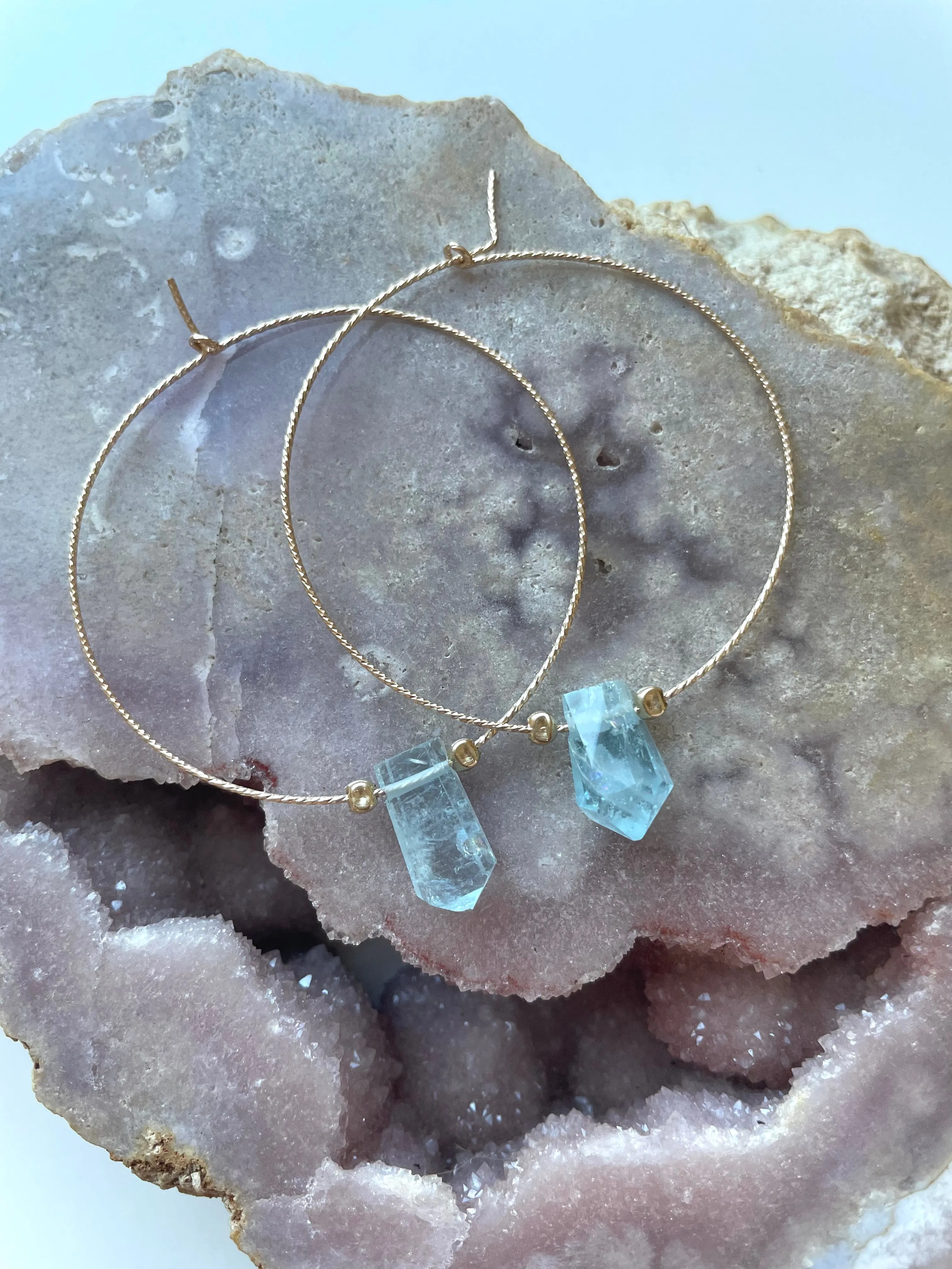 Thin Aquamarine Boho Hoop Earrings Gold Filled