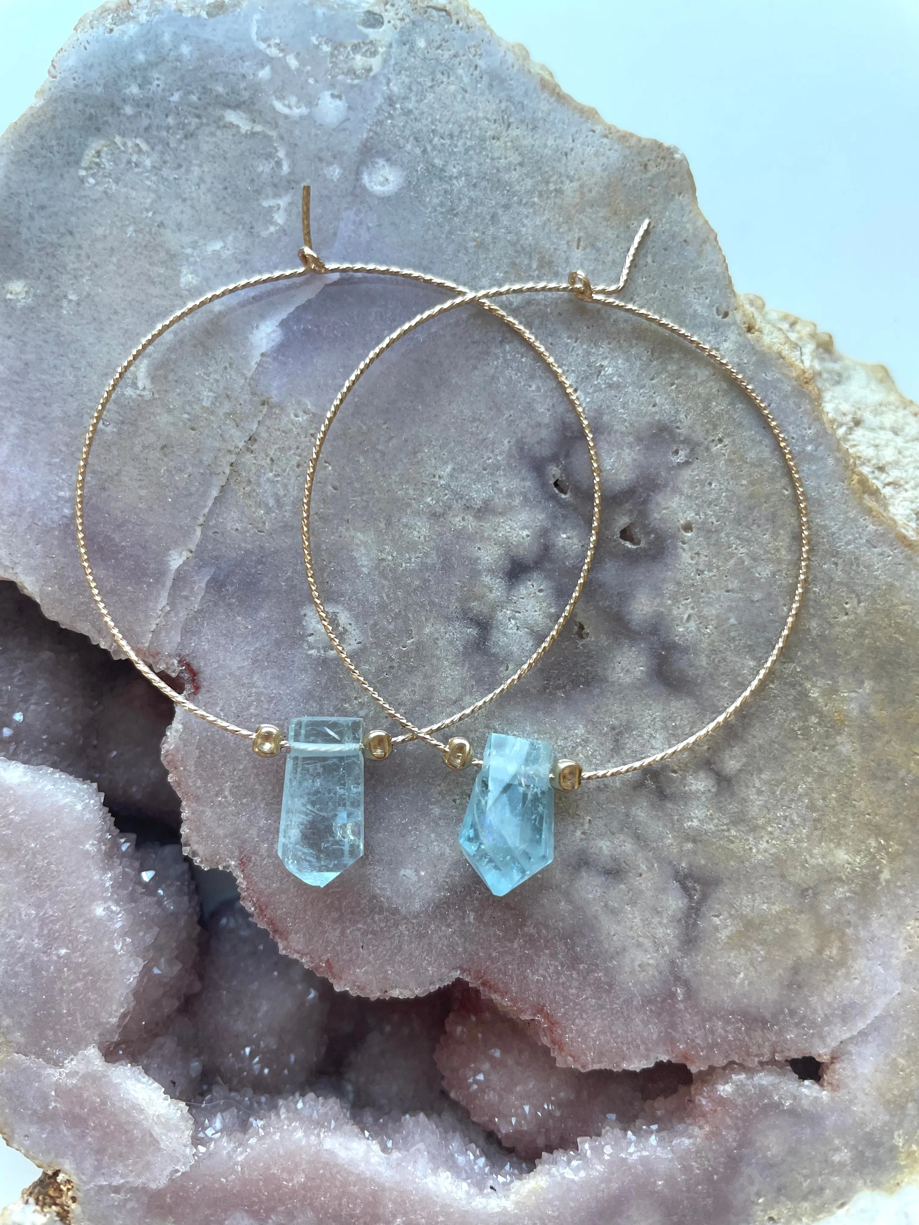 Thin Aquamarine Boho Hoop Earrings Gold Filled