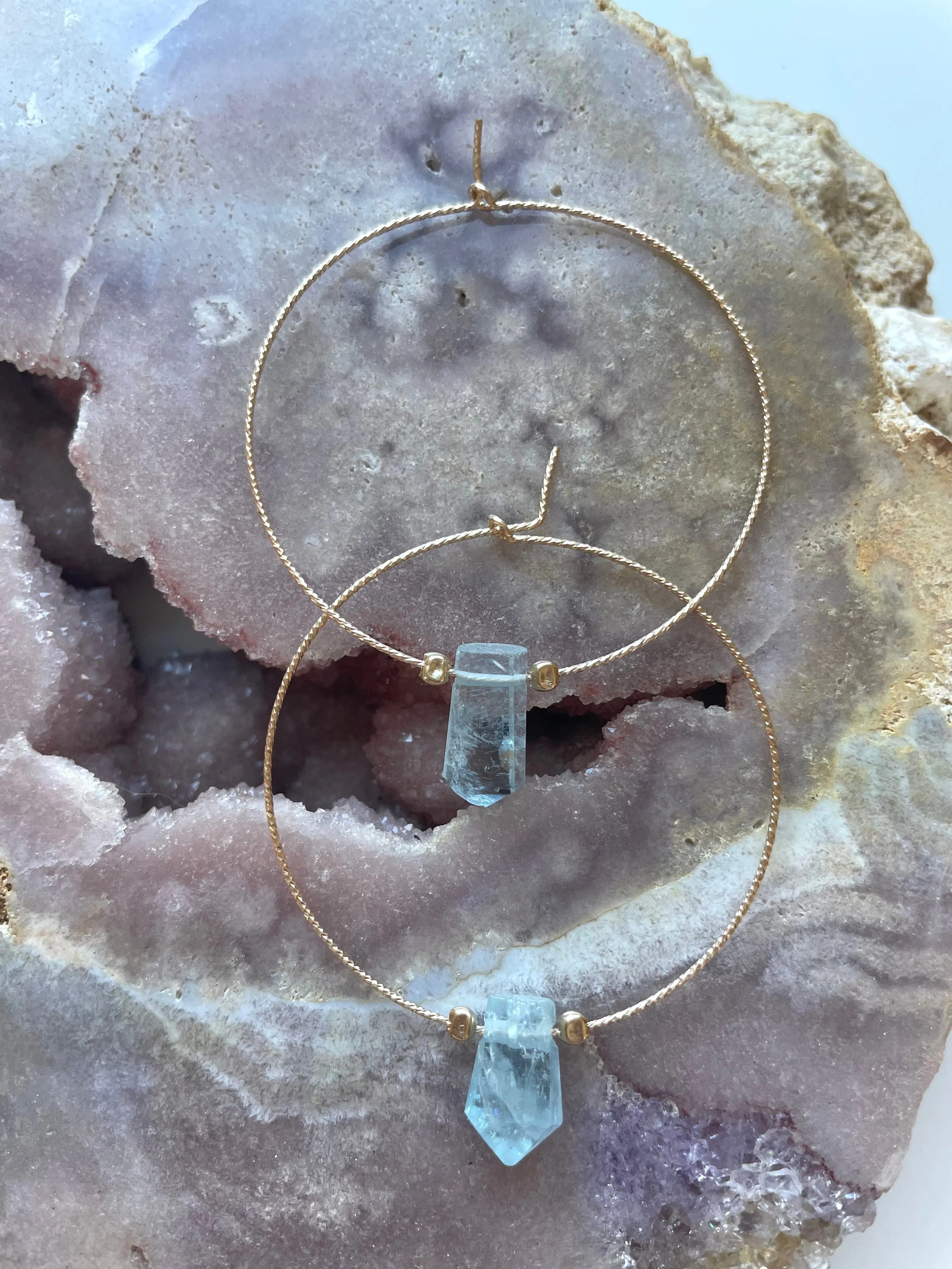 Thin Aquamarine Boho Hoop Earrings Gold Filled