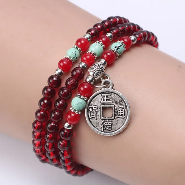 Tibet Ethnic Handmade Dia 6mm Wood Beads Rosary Multilayer Bracelets for Women Jewelry Dia 4mm Imitation Garnet charms bracelet