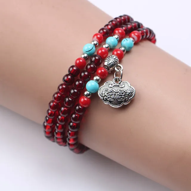 Tibet Ethnic Handmade Dia 6mm Wood Beads Rosary Multilayer Bracelets for Women Jewelry Dia 4mm Imitation Garnet charms bracelet