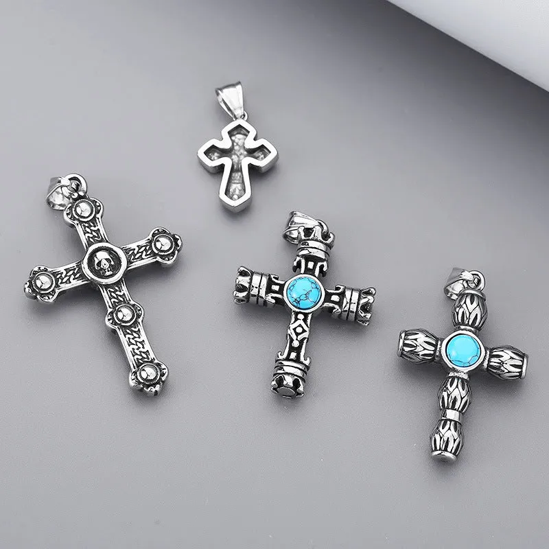 Trendy Winter Men's Pendant with Turquoise Cross in Titanium Steel Crown Design