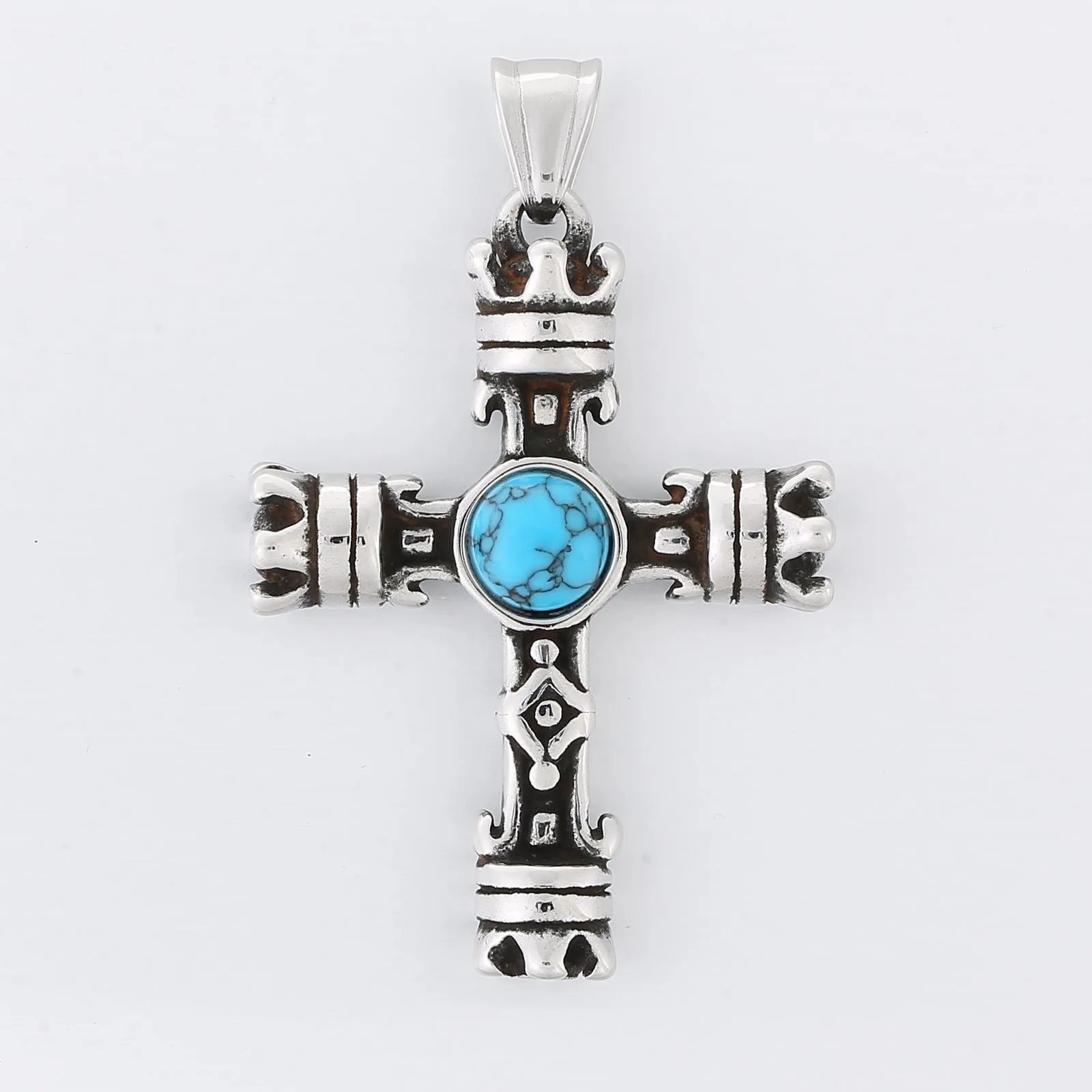 Trendy Winter Men's Pendant with Turquoise Cross in Titanium Steel Crown Design