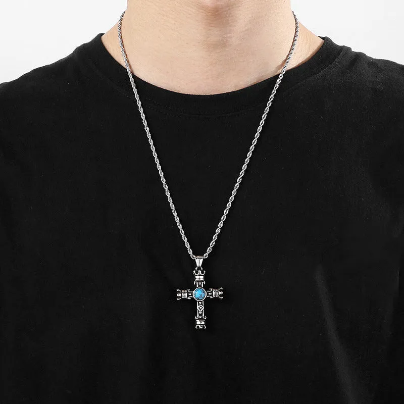 Trendy Winter Men's Pendant with Turquoise Cross in Titanium Steel Crown Design