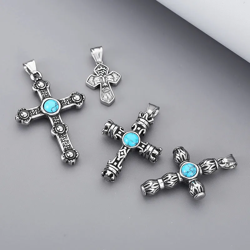 Trendy Winter Men's Pendant with Turquoise Cross in Titanium Steel Crown Design