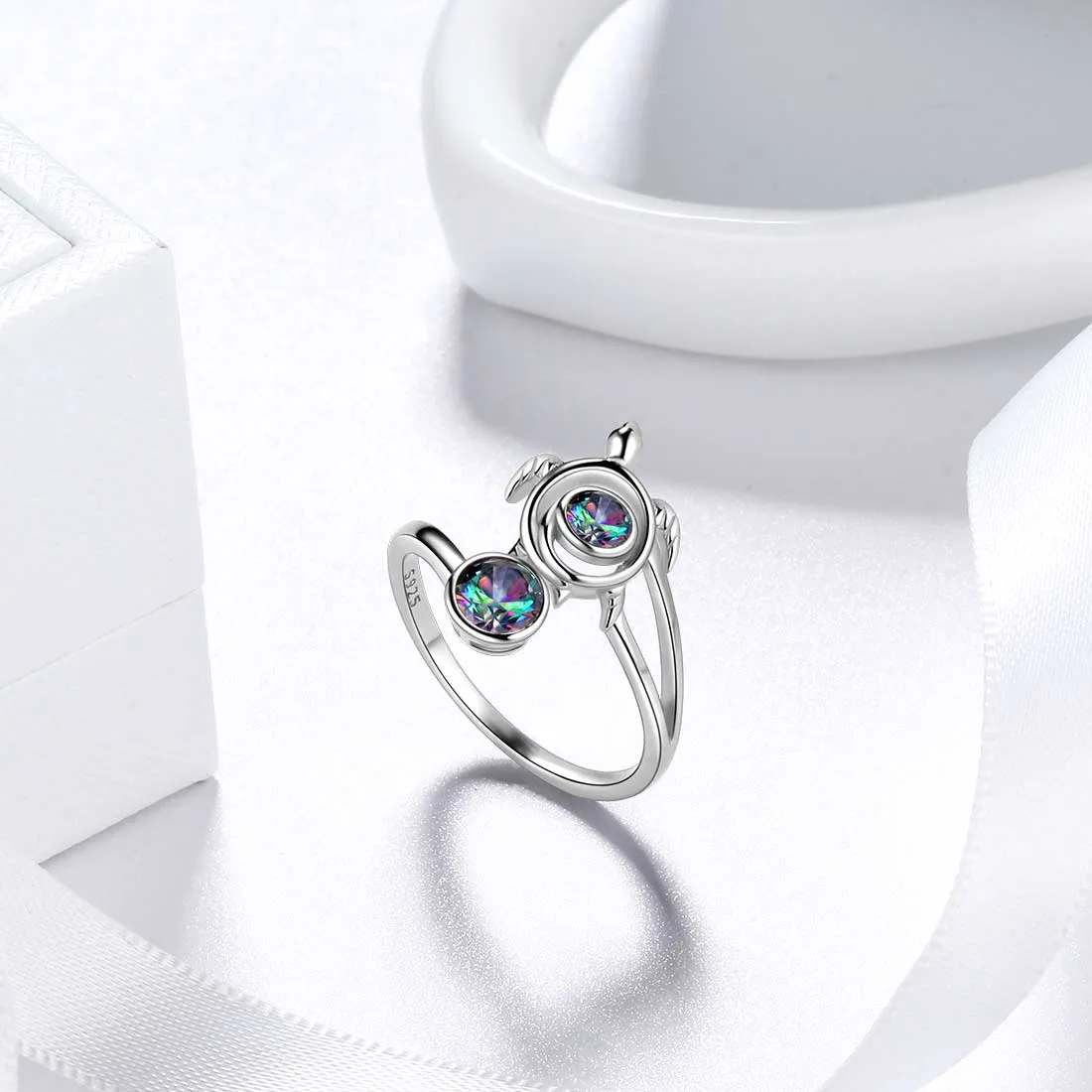 Turtle Rainbow Mystic Topaz Open Rings Women Girls Jewelry Gift Sterling Silver