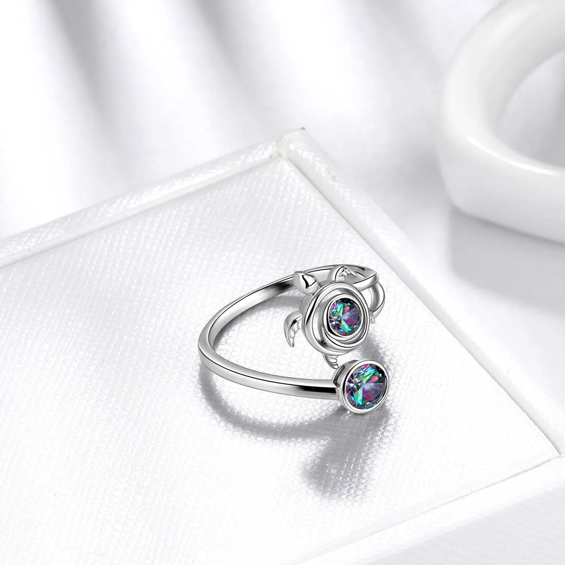 Turtle Rainbow Mystic Topaz Open Rings Women Girls Jewelry Gift Sterling Silver