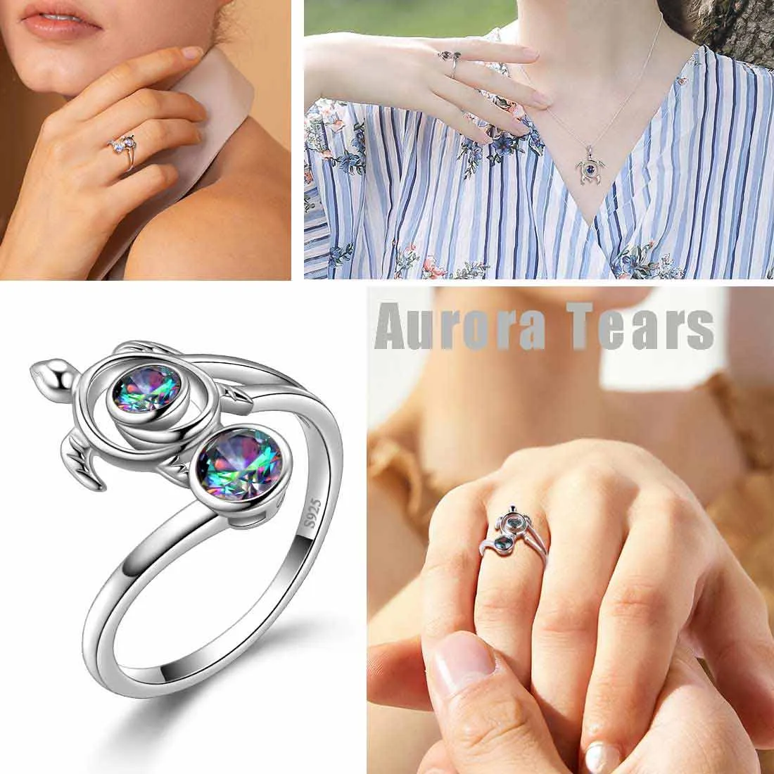 Turtle Rainbow Mystic Topaz Open Rings Women Girls Jewelry Gift Sterling Silver