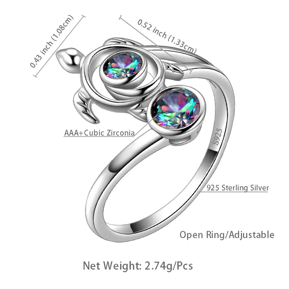 Turtle Rainbow Mystic Topaz Open Rings Women Girls Jewelry Gift Sterling Silver