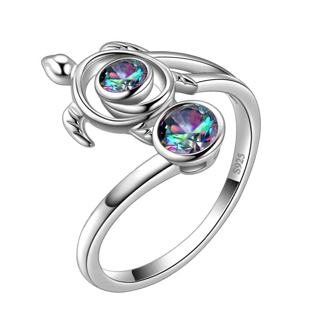 Turtle Rainbow Mystic Topaz Open Rings Women Girls Jewelry Gift Sterling Silver