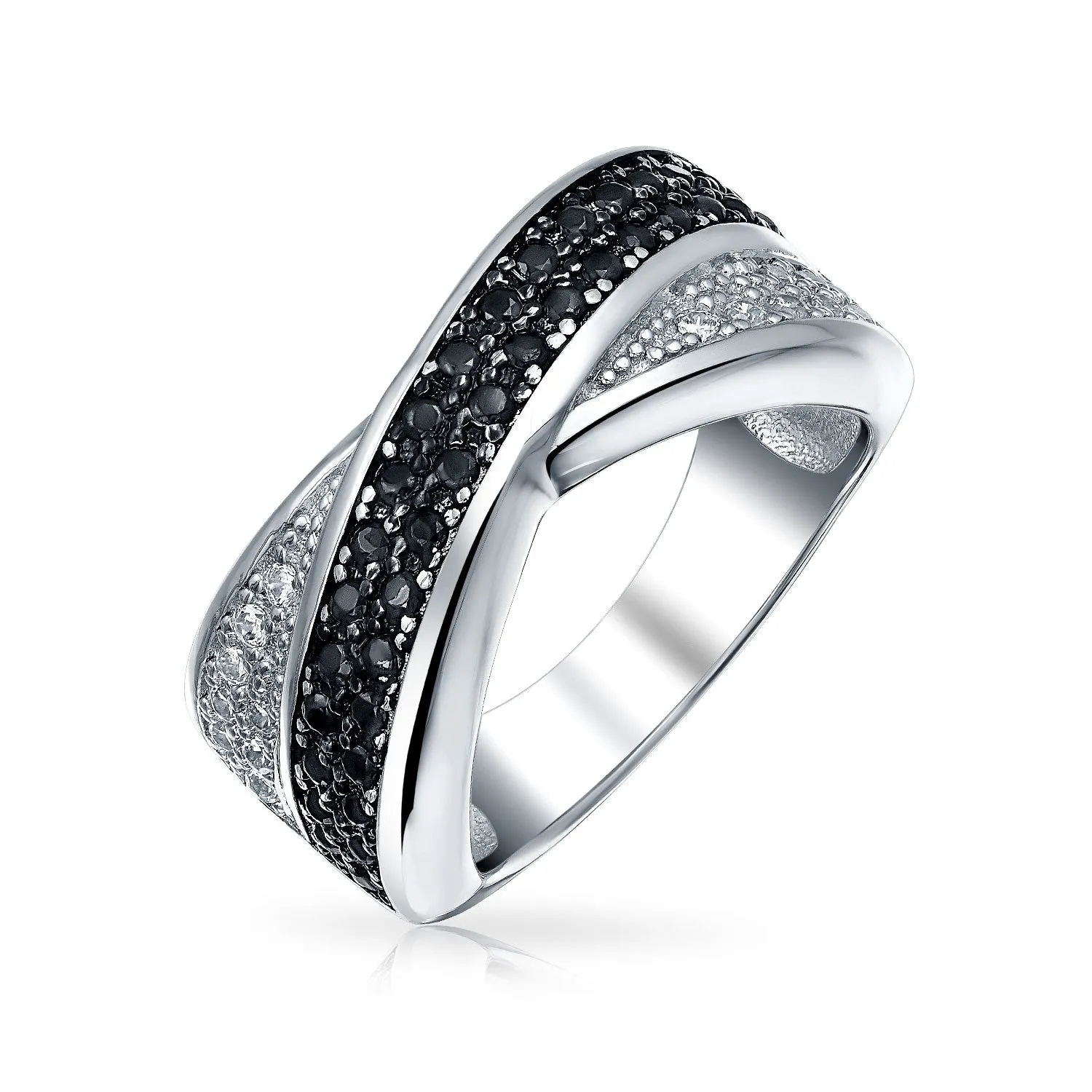 Two Tone Black & White CZ Criss-Cross X Band Cocktail Statement Ring in Sterling Silver