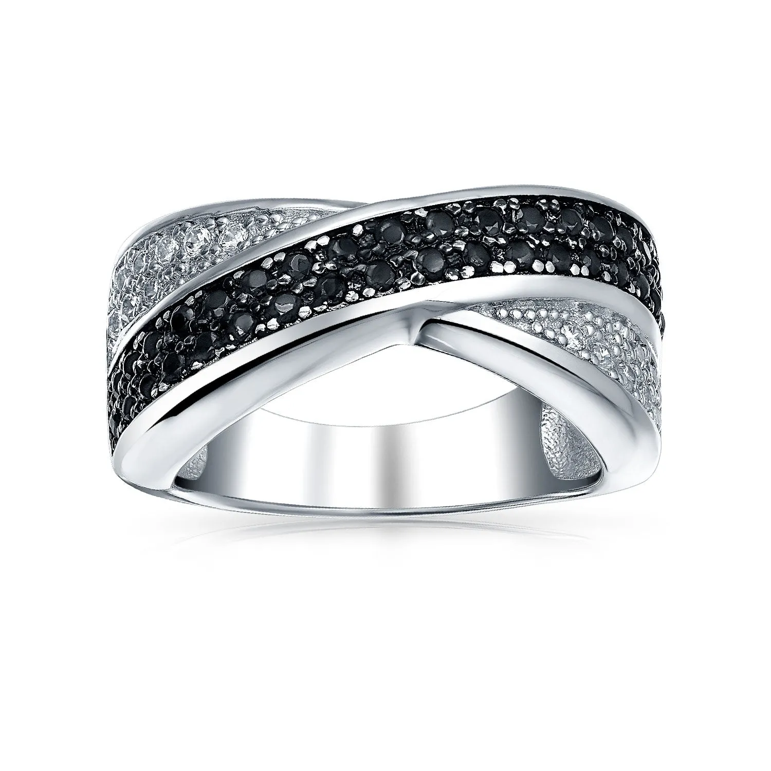 Two Tone Black & White CZ Criss-Cross X Band Cocktail Statement Ring in Sterling Silver