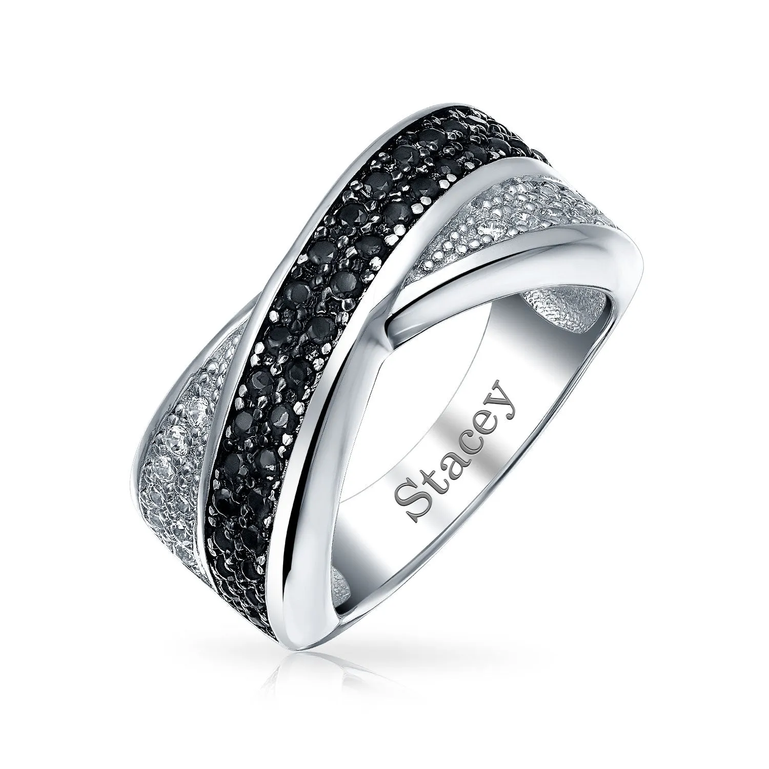 Two Tone Black & White CZ Criss-Cross X Band Cocktail Statement Ring in Sterling Silver