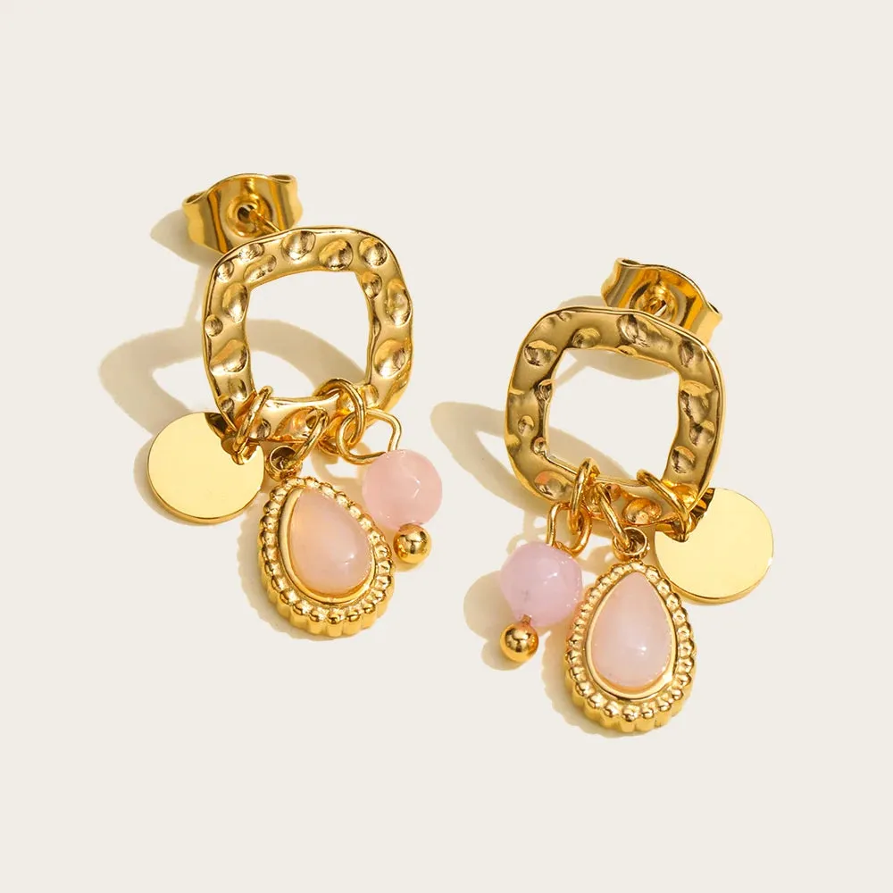 VAIGE Chic Pink Natural Stone Drop Earrings - 18K Gold Plated Stainless Steel, Geometric Design, Tarnish Free Fashion Jewelry