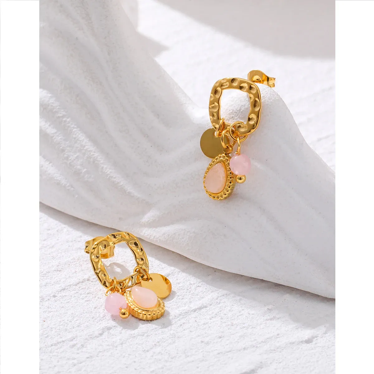 VAIGE Chic Pink Natural Stone Drop Earrings - 18K Gold Plated Stainless Steel, Geometric Design, Tarnish Free Fashion Jewelry