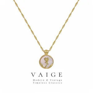 VAIGE Elegant Gold Rose Shell Pendant Necklace in Shimmering Stainless Steel