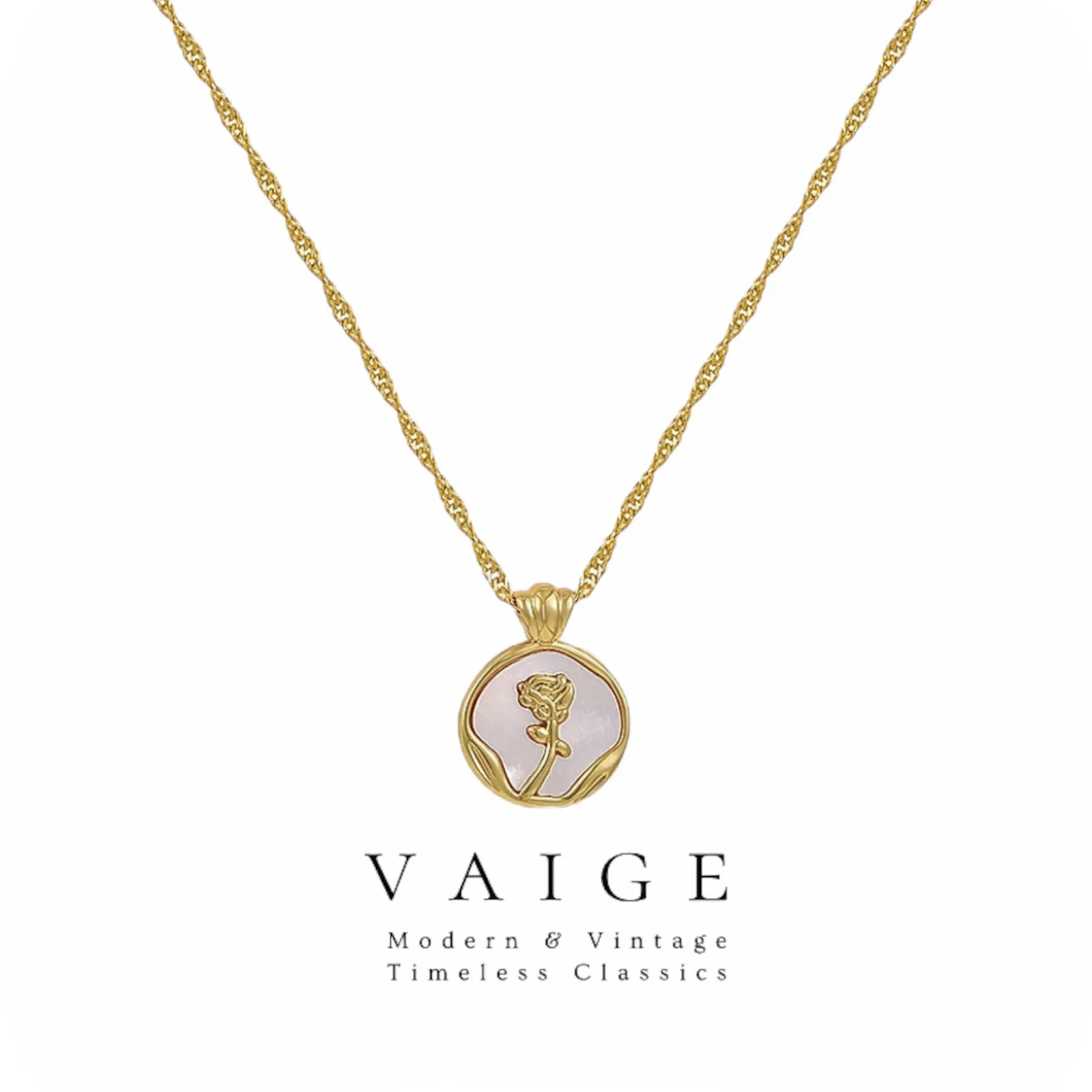 VAIGE Elegant Gold Rose Shell Pendant Necklace in Shimmering Stainless Steel