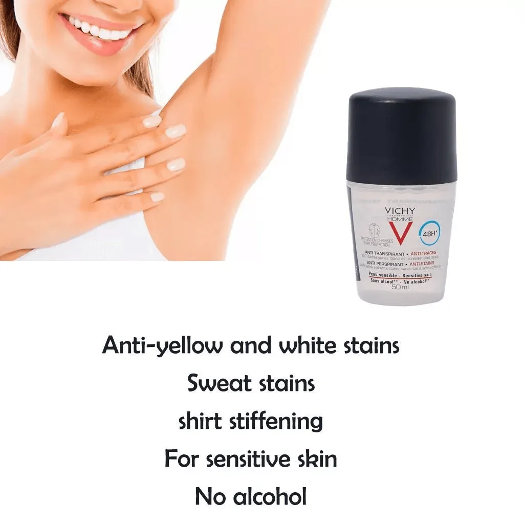 Vichy Homme 48 Hour Anti-Perspirant, Anti-Stain Alcohol Free Deodorant Roll On 50ml