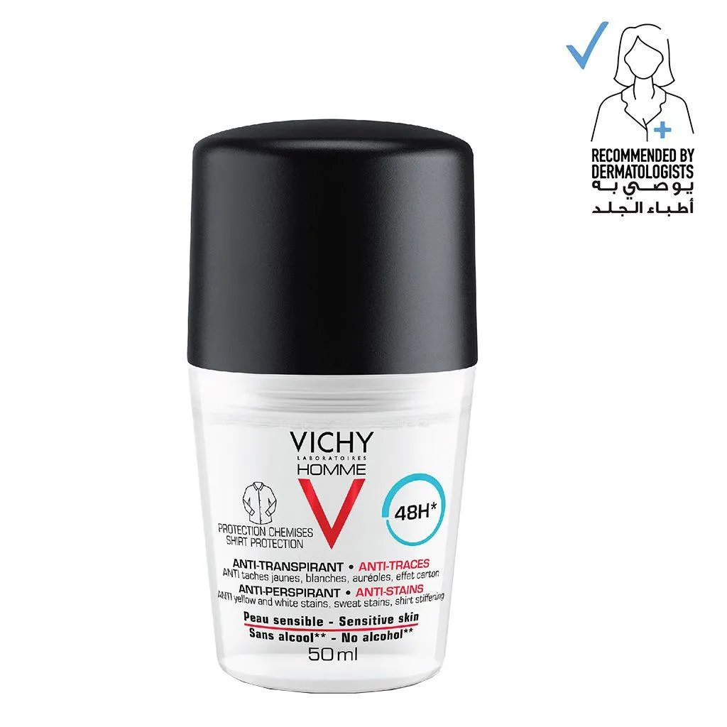 Vichy Homme 48 Hour Anti-Perspirant, Anti-Stain Alcohol Free Deodorant Roll On 50ml