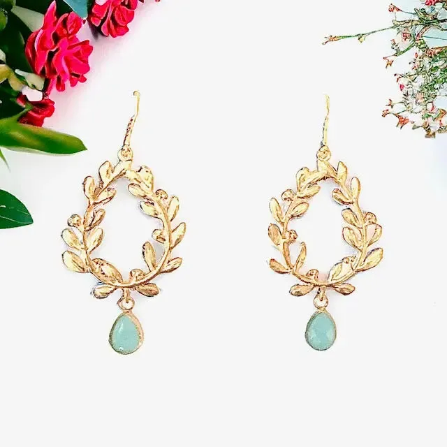 Victory Laurel Leaf Earrings with Energy Stones (various stone options in gold or silver)