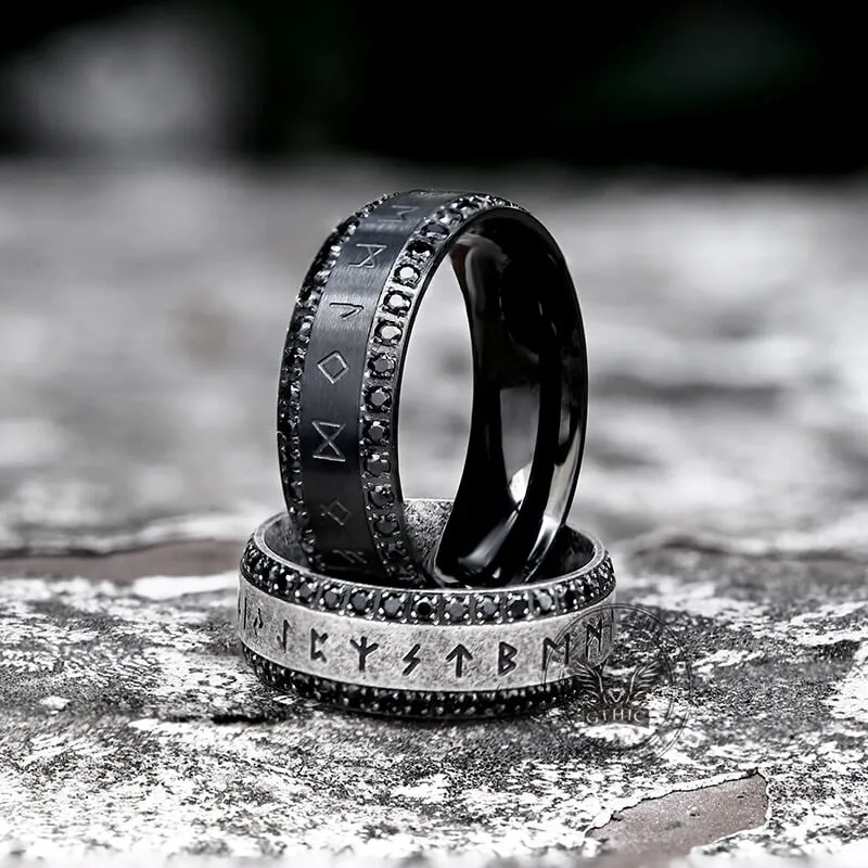 Viking Runes Gem-set Stainless Steel Band Ring