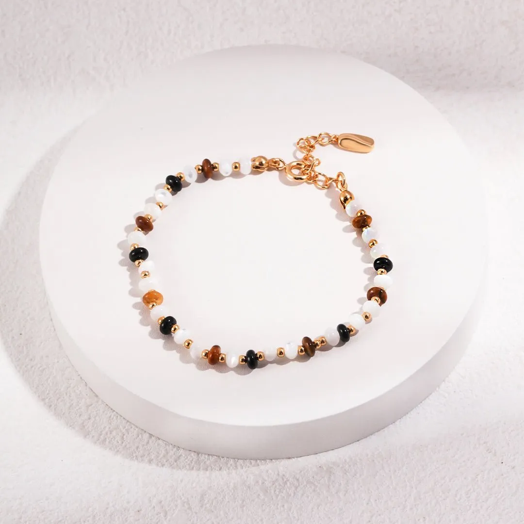 Vintage Bracelet with Tiger's Eye Black Agate and Mother of Pearls