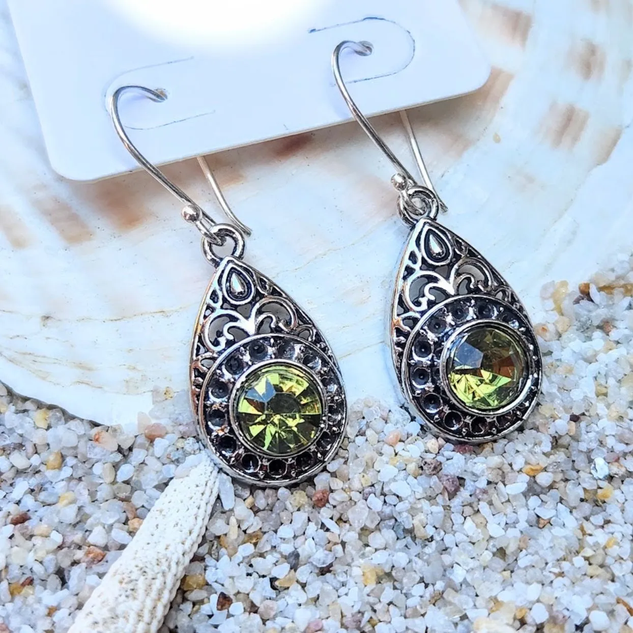 VINTAGE PERIDOT DROPS -  PURE SILVER HILLTRIBE HOOK EARRINGS