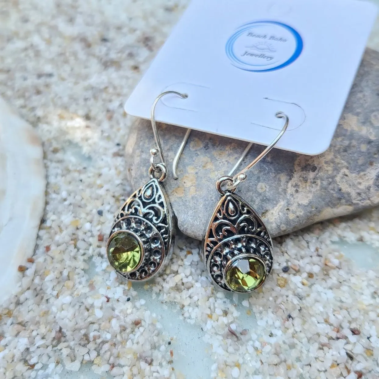 VINTAGE PERIDOT DROPS -  PURE SILVER HILLTRIBE HOOK EARRINGS